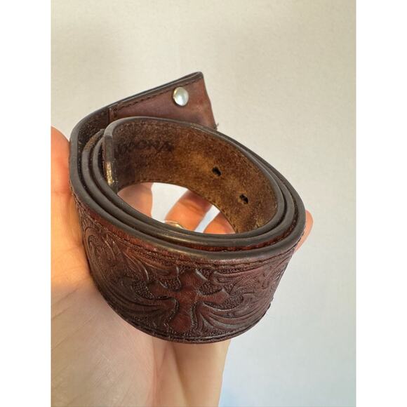 Nocona Mens Western Belt Leather Tooled Small Brown Cross Scroll‎ No Buckle - Picture 2 of 10